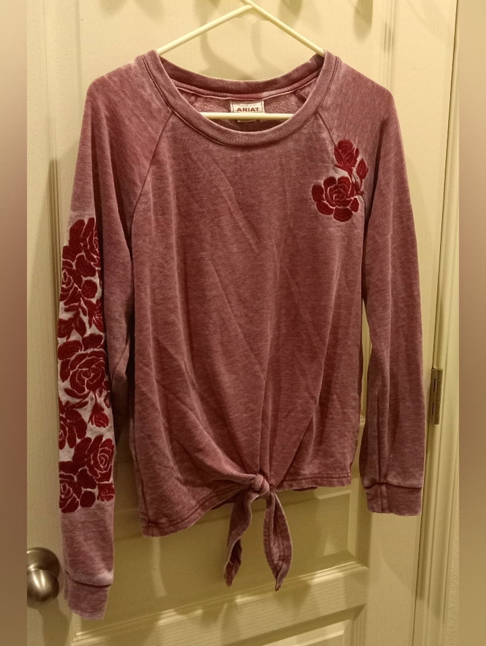 Ariat Dusty Mauve Tie-Front Sweatshirt with Rose Motif